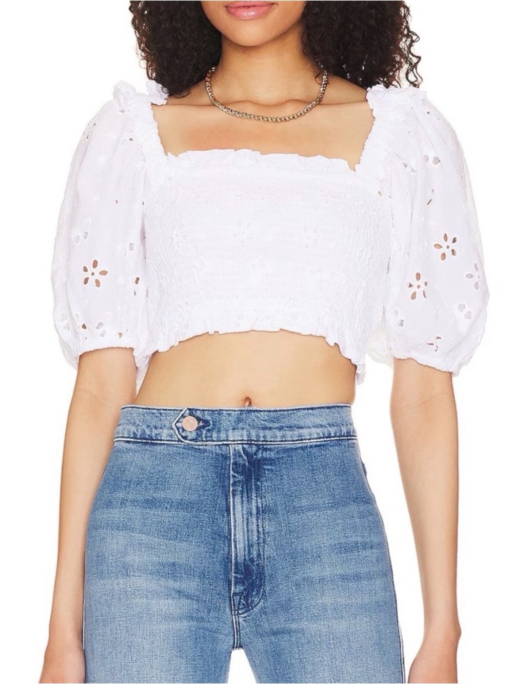 For Love & Lemons White Eyelet Puff-Sleeve Smocked Crop Top